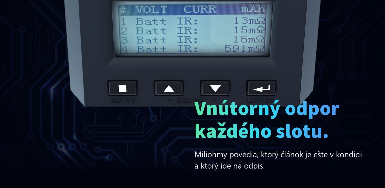 Displej nabíjačky SkyRC MC3000 s vnútorným odporom článkov 13, 15 a 591 miliohmov