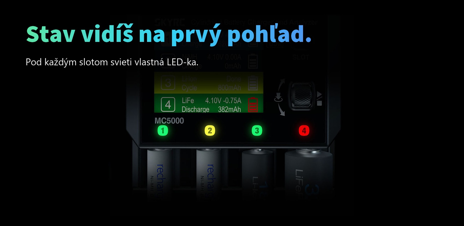 Farebný displej nabíjačky SkyRC MC5000 s údajmi o vybíjaní LiFe článku a stavovými LED diódami