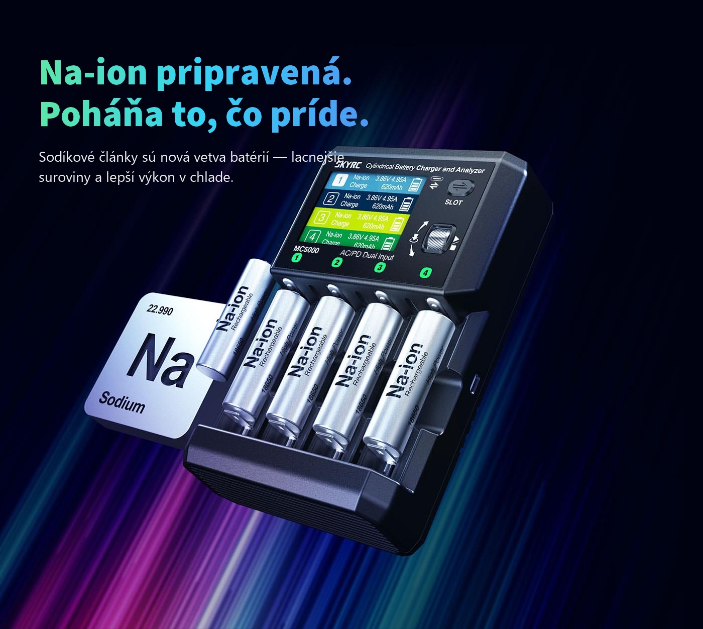 SkyRC MC5000 s vloženými sodíkovými Na-ion článkami a symbolom sodíka z periodickej tabuľky