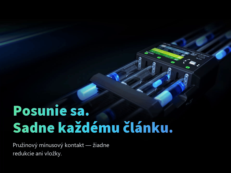 Animácia pružinového posuvného mínusového kontaktu v slote nabíjačky SkyRC MC5000