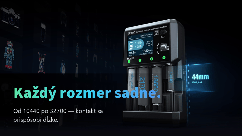 Animácia merania dĺžky článku v slote nabíjačky SkyRC MC5000 s rozsahom veľkostí valcových batérií