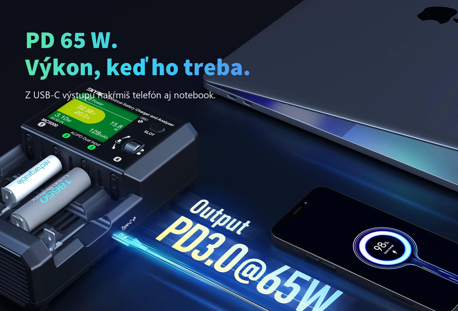 SkyRC MC5000 s USB-C výstupom PD 3.0 65 W nabíja notebook a telefón počas nabíjania článkov