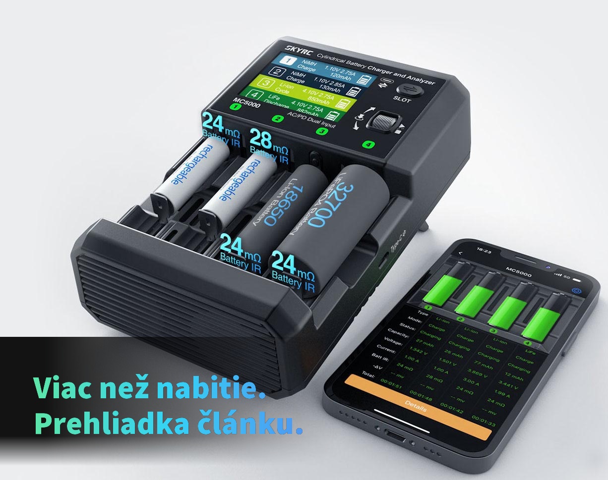 SkyRC MC5000 zobrazuje vnútorný odpor 24 a 28 miliohmov pri článkoch 18650 a 32700 spolu s aplikáciou v telefóne