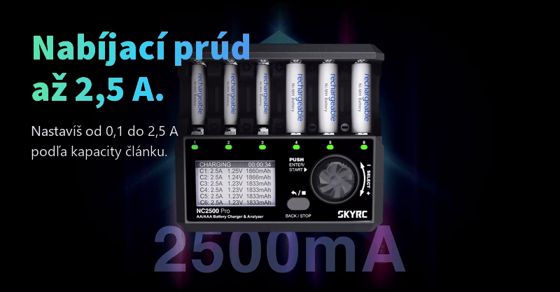 Animácia SkyRC NC2500 Pro so šiestimi vloženými článkami AA a bežiacim displejom všetkých šiestich kanálov