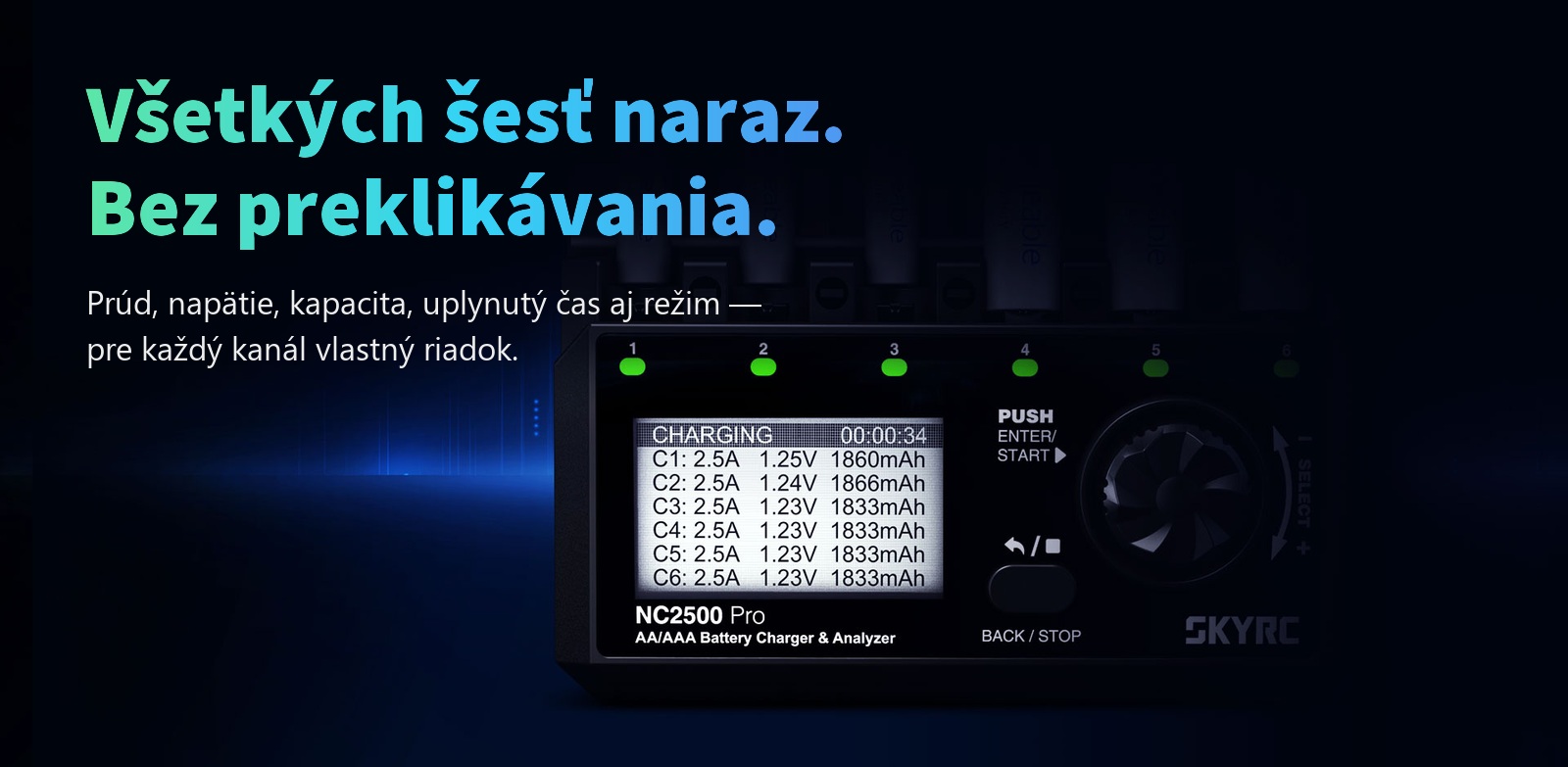Displej SkyRC NC2500 Pro so šiestimi riadkami C1 až C6 – prúd, napätie a kapacita každého článku