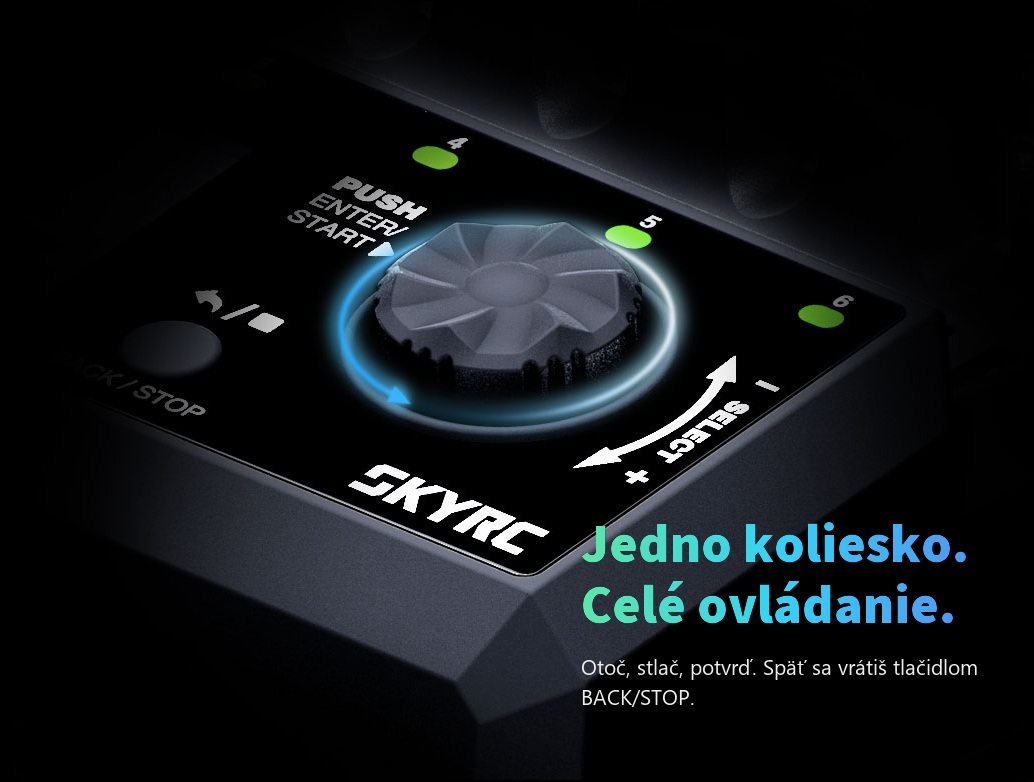 Otočné koliesko SkyRC NC2500 Pro s popisom PUSH ENTER START a SELECT plus mínus, vedľa tlačidlo BACK STOP