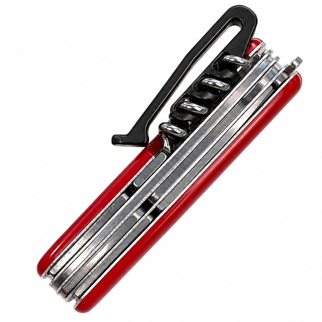 Klip SPEC WRKS nasadený na červenom viacvrstvovom švajčiarskom noži Victorinox, produktová fotografia na bielom pozadí