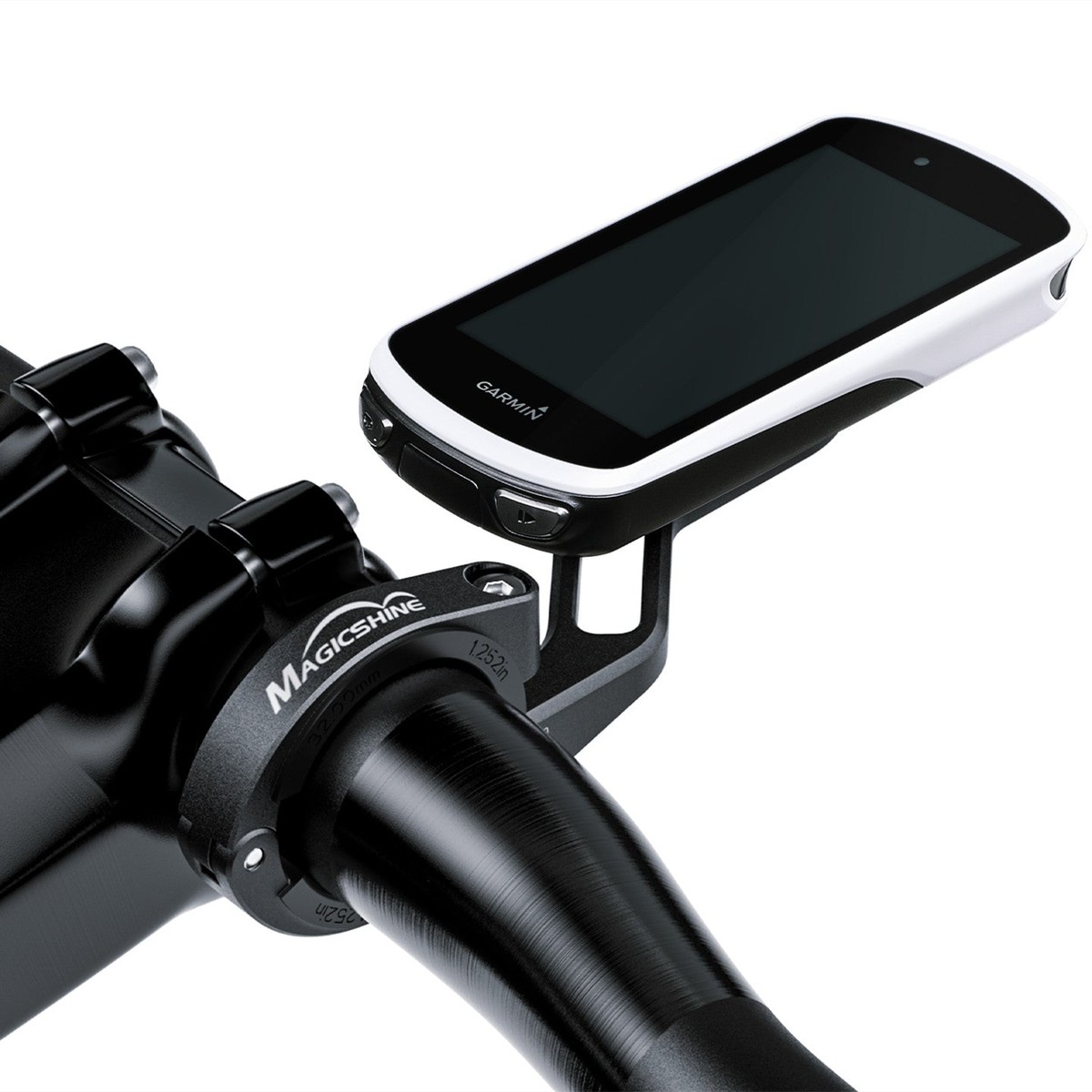 Magicshine TTA predsadený držiak na riadidlách bicykla s nasadeným cyklopočítačom Garmin Edge v osi pred riadidlami