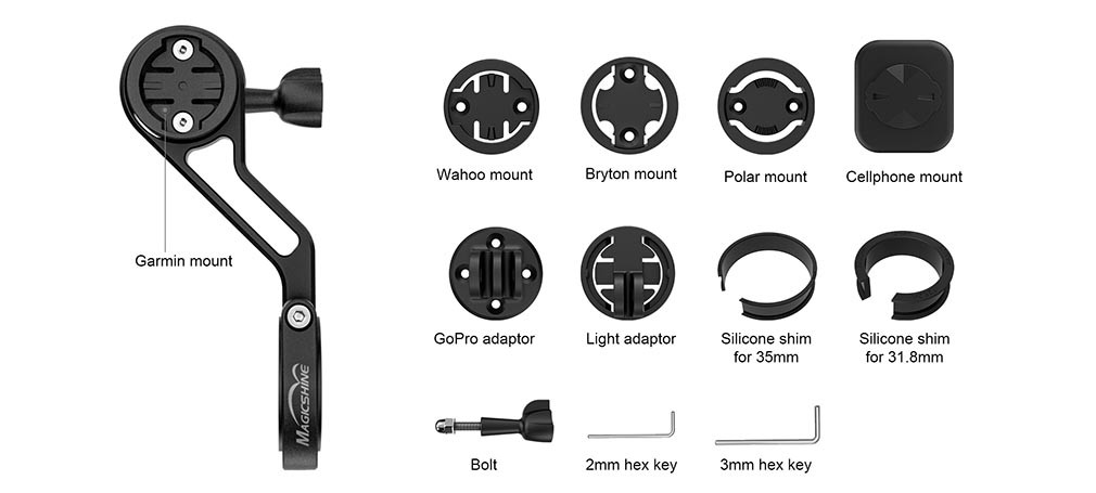 Magicshine TTA obsah balenia: rameno, vložky Garmin, Wahoo, Bryton, Polar, GoPro a svetelný adaptér, imbusy a redukcie