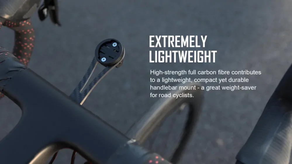 Magicshine TTA-C detail karbónového ramena na kokpite cestného bicykla, matná 3K tkanina uhlíkového vlákna