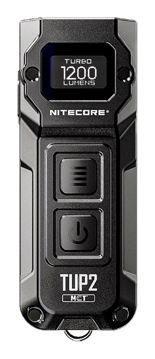 Nitecore TUP2 Classic Black — kľúčenková LED baterka s OLED displejom, čelný pohľad
