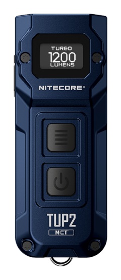 Nitecore TUP2 Cobalt Blue — modrá kľúčenková LED baterka s OLED displejom, čelný pohľad