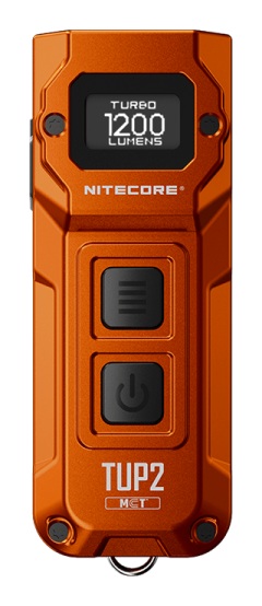 Nitecore TUP2 Alloy Orange — oranžová kľúčenková LED baterka s OLED displejom, čelný pohľad