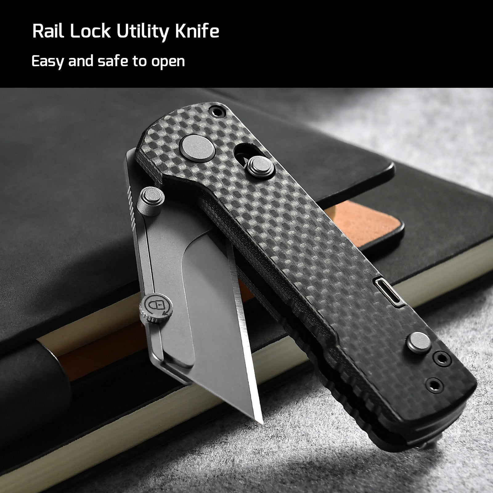 OKNIFE U1 Pro Carbon Fiber – poistka Rail Lock pre bezpečné otvorenie jednou rukou