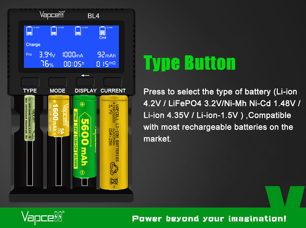 Vapcell BL4 so štyrmi článkami rôznych veľkostí, tlačidlo TYPE na výber piatich typov od Li-ion 4,2 V po 1,5 V Li-ion
