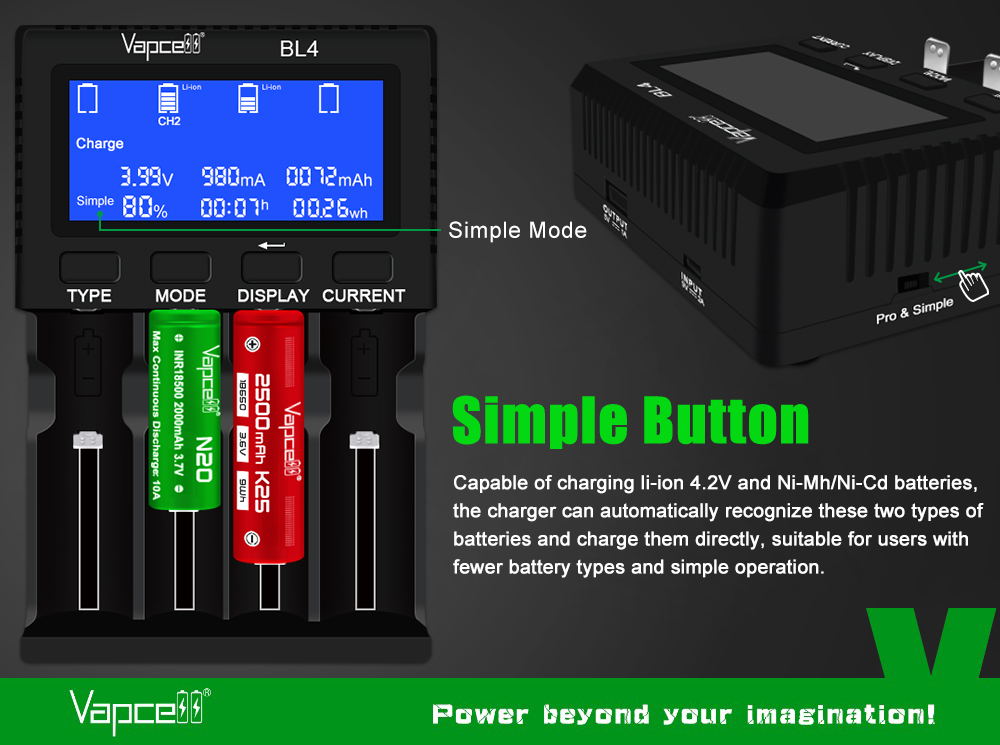 Vapcell BL4 v režime Simple s dvoma článkami 18650 a bočný posuvný prepínač Pro a Simple