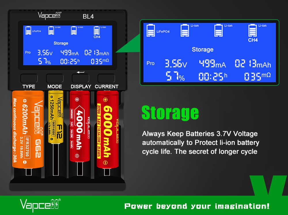 Vapcell BL4 režim Storage drží Li-ion na 3,7 V pre dlhšiu životnosť, zväčšený displej so skladovacím programom