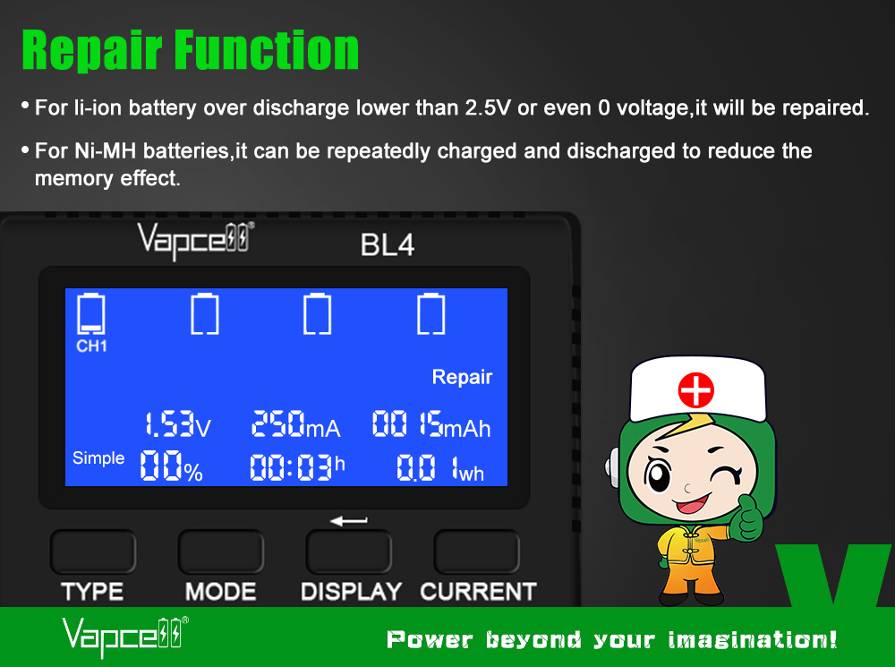 Vapcell BL4 funkcia Repair: oživenie Li-ion pod 2,5 V aj od 0 V a cyklovanie NiMH proti pamäťovému efektu