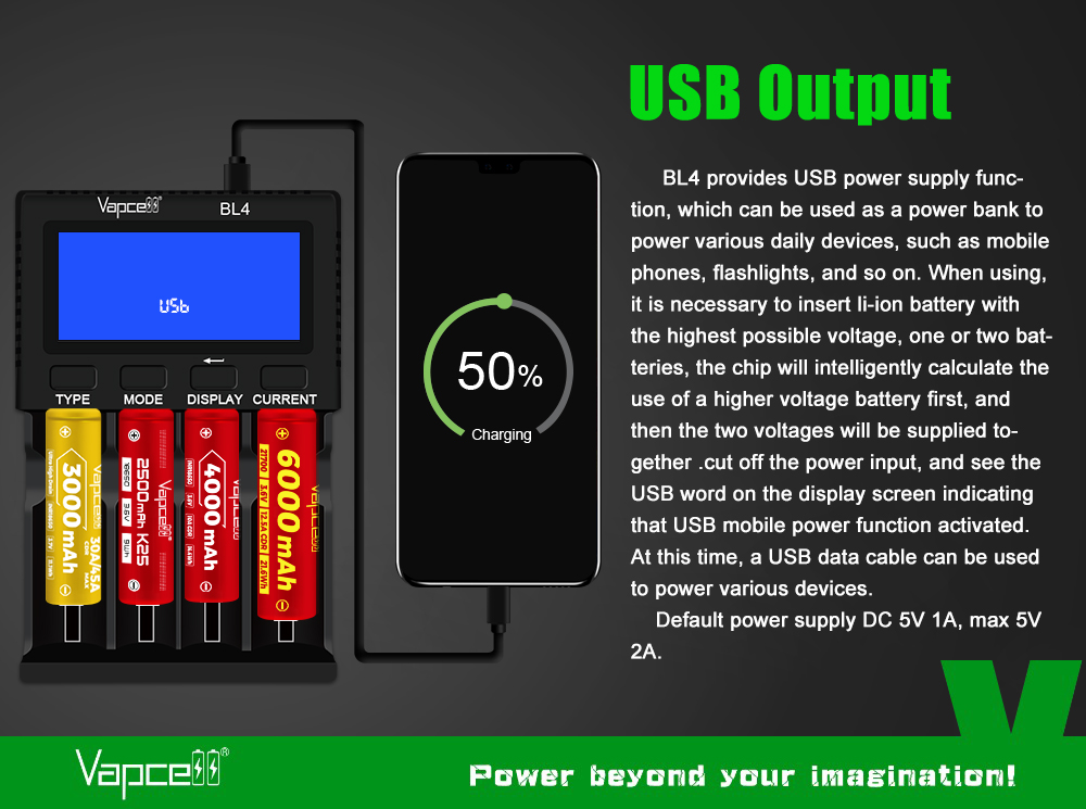 Vapcell BL4 ako powerbanka: nabíjanie telefónu z vložených Li-ion článkov cez USB výstup nabíjačky