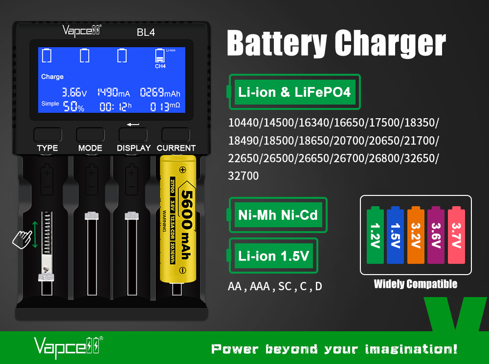 Vapcell BL4 kompatibilita: Li-ion a LiFePO4 od 10440 po 32700, NiMH, NiCd a 1,5 V Li-ion AAA, AA, SC, C a D