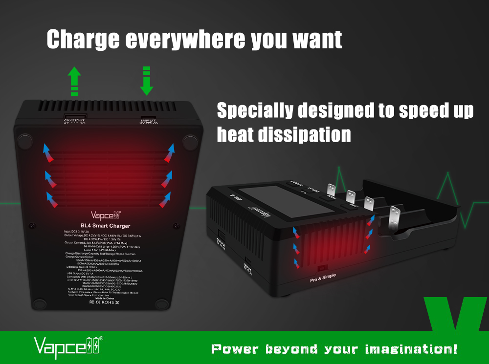 Vapcell BL4 zospodu so štítkom a vetracími otvormi, porty INPUT 9 V / 2 A a OUTPUT 5 V / 1 A