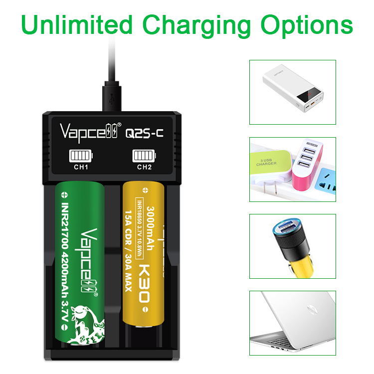Vapcell Q2S-C a možnosti napájania cez USB: powerbanka, adaptér do zásuvky, autonabíjačka a notebook