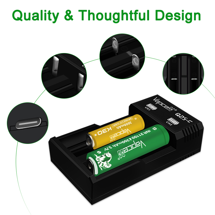 Vapcell Q2S-C šikmo zhora s dvoma článkami a detailmi kovových kontaktov, slotov a portu USB-C