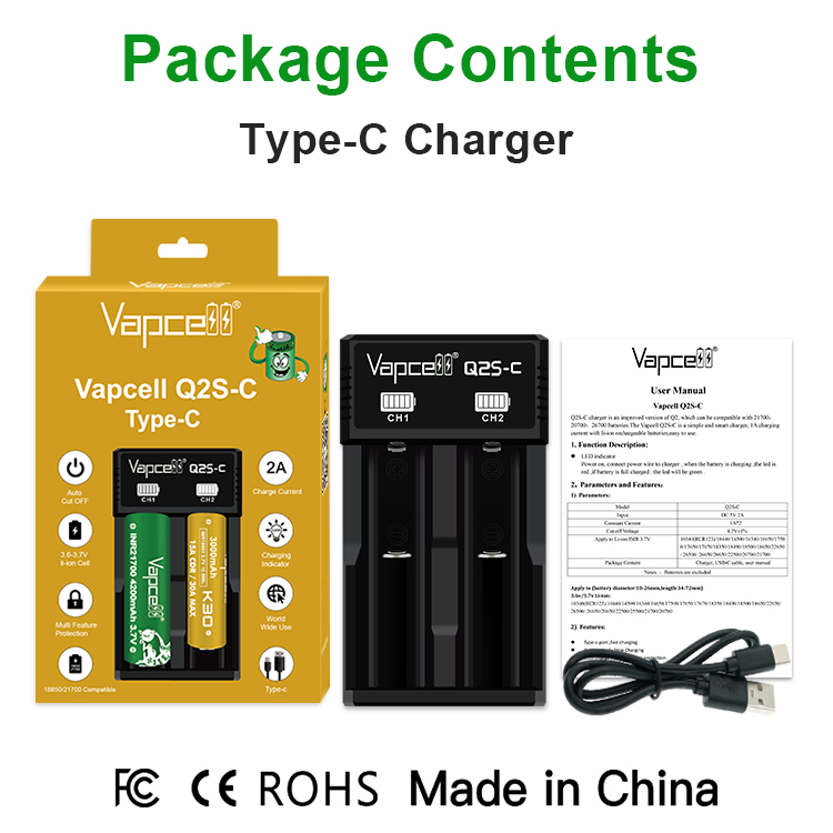Vapcell Q2S-C obsah balenia: krabica, nabíjačka, manuál a kábel USB-A na USB-C, značky FCC, CE a RoHS