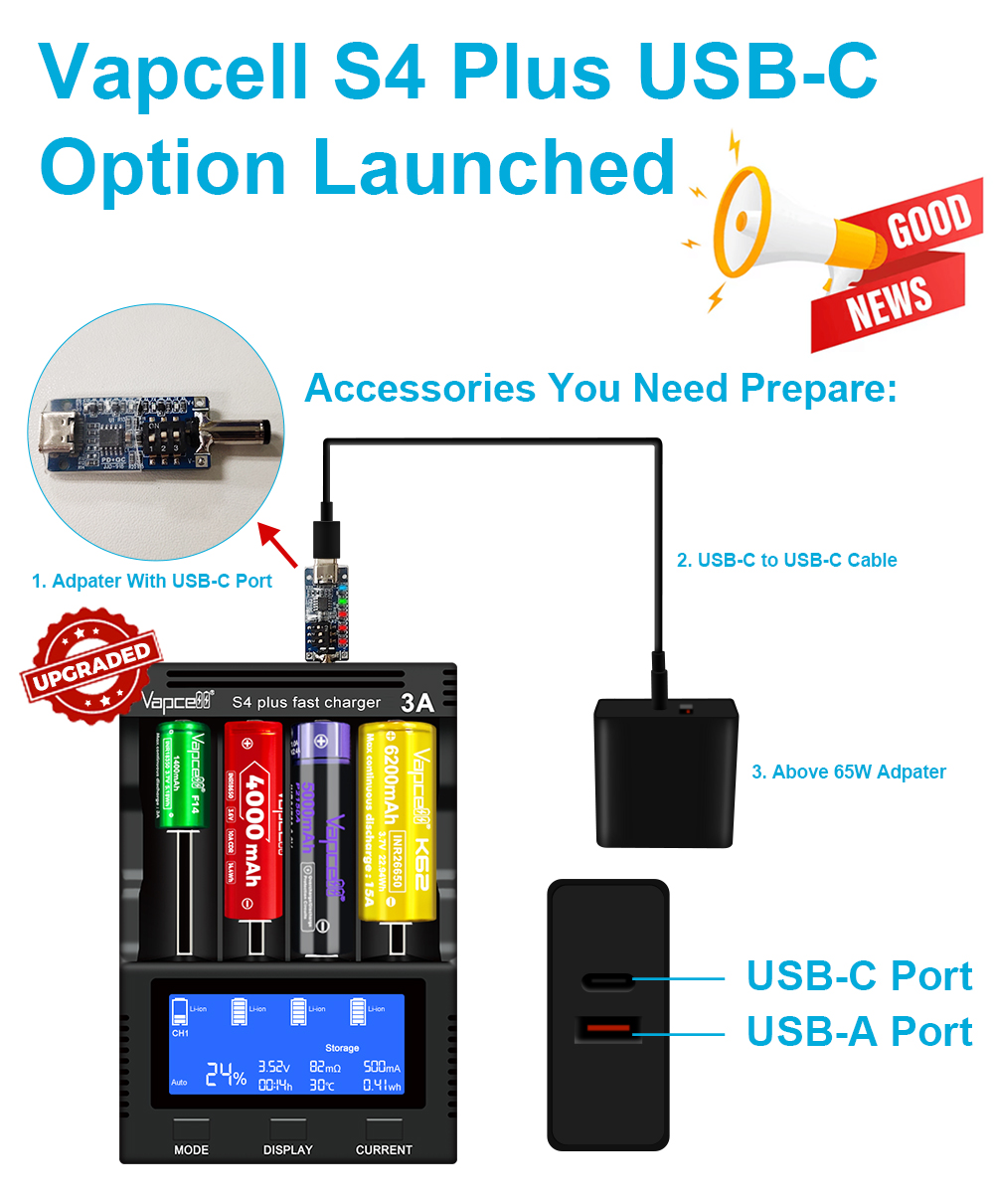 Vapcell S4 Plus V3.0 voliteľné napájanie cez USB-C od výrobcu: redukcia PD trigger, kábel USB-C a adaptér nad 65 W