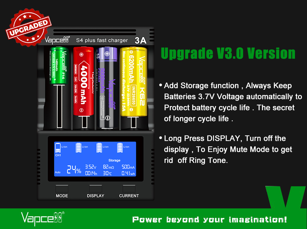 Vapcell S4 Plus V3.0 novinky verzie V3.0: režim Storage drží články na 3,7 V, dlhé podržanie DISPLAY vypne displej aj zvonček