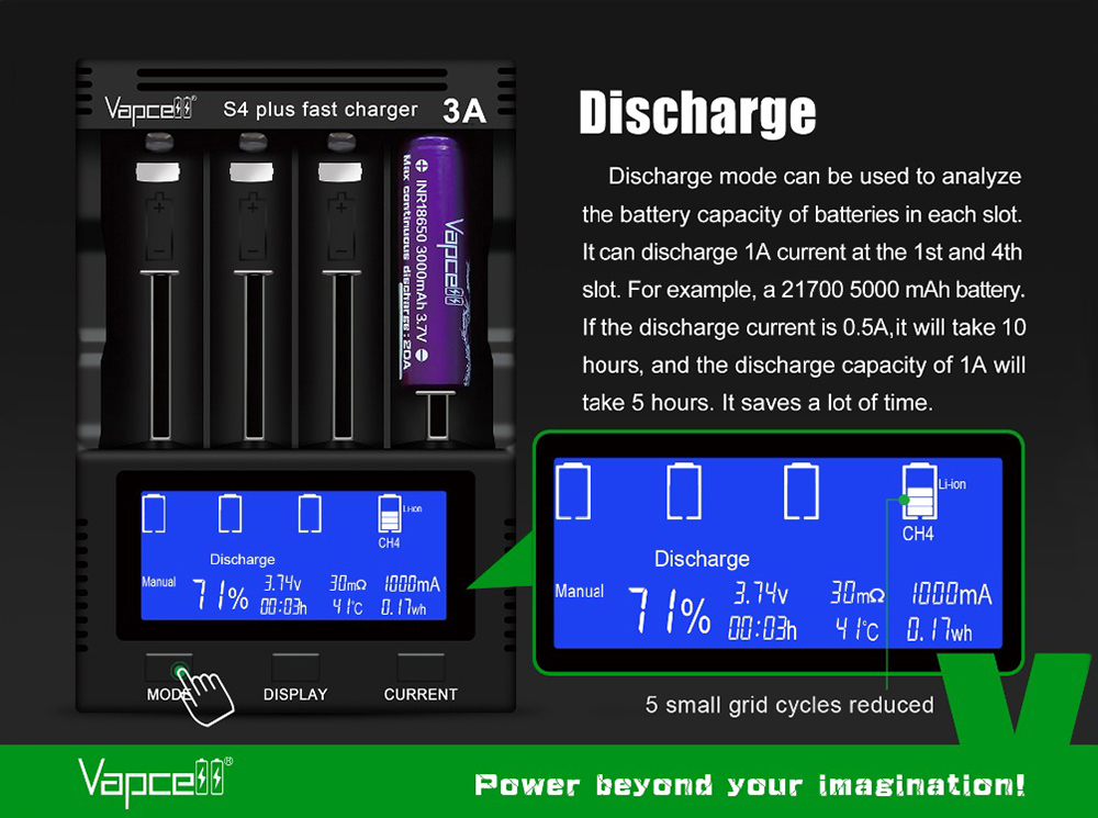 Vapcell S4 Plus V3.0 režim Discharge: vybíjanie prúdom 1 A v 1. a 4. slote, príklad článku 21700 5 000 mAh
