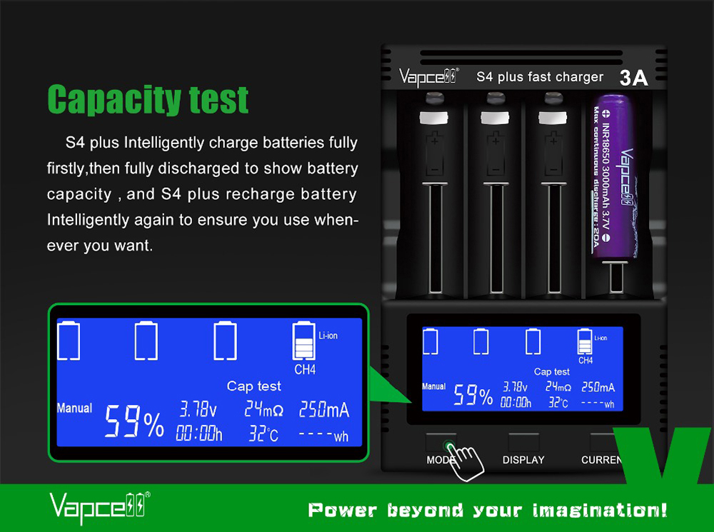 Vapcell S4 Plus V3.0 režim Cap test: nabitie, vybitie so zobrazením kapacity a opätovné nabitie článku 18650
