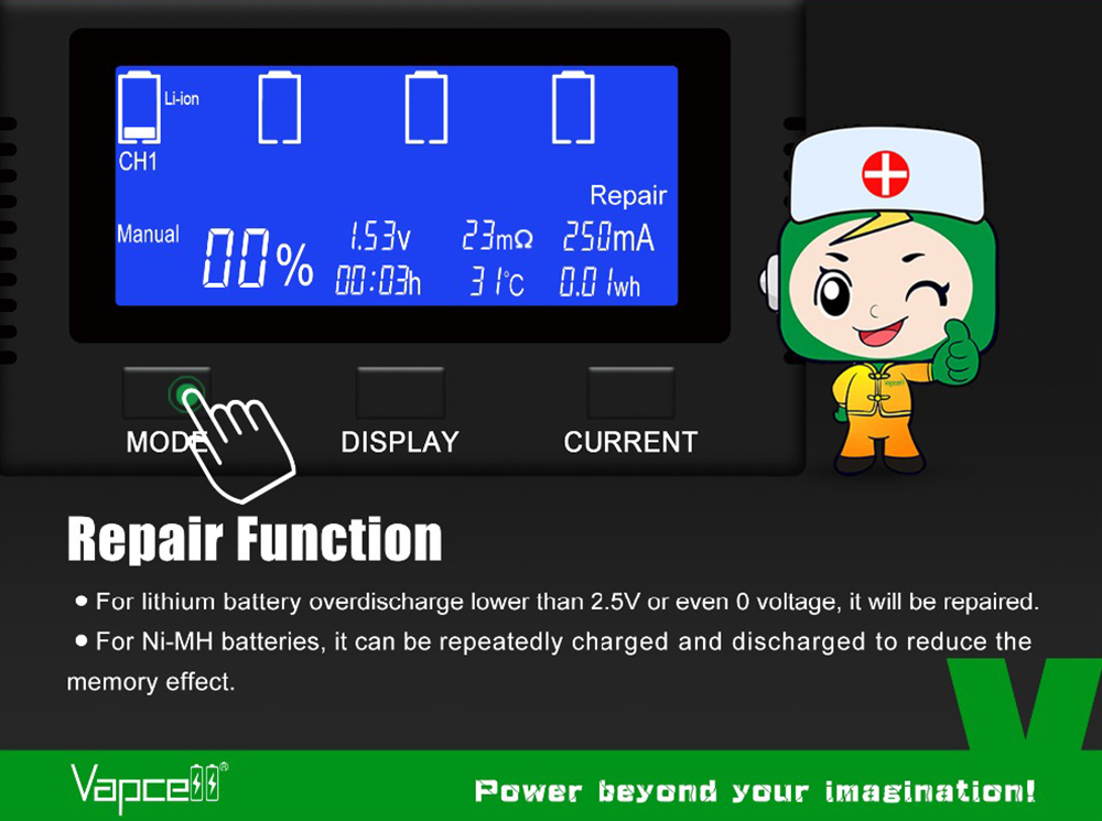 Vapcell S4 Plus V3.0 režim Repair: oživenie Li-ion článku pod 2,5 V alebo s 0 V, cyklovanie NiMH proti pamäťovému efektu