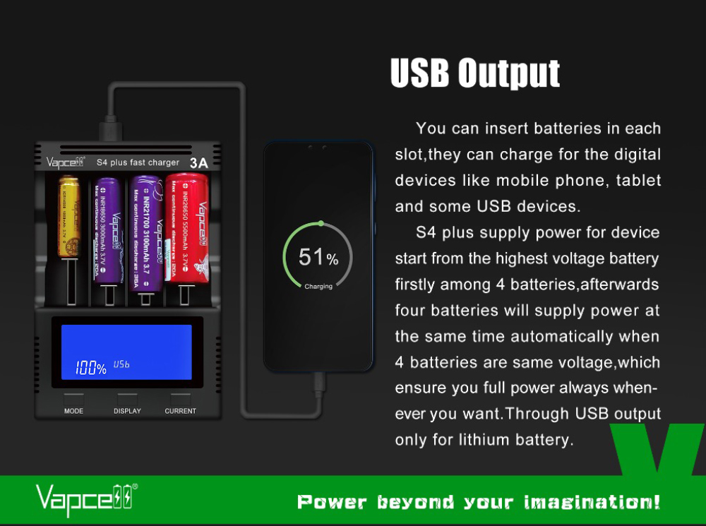 Vapcell S4 Plus V3.0 ako powerbanka: nabíjanie telefónu z vložených Li-ion článkov cez USB výstup