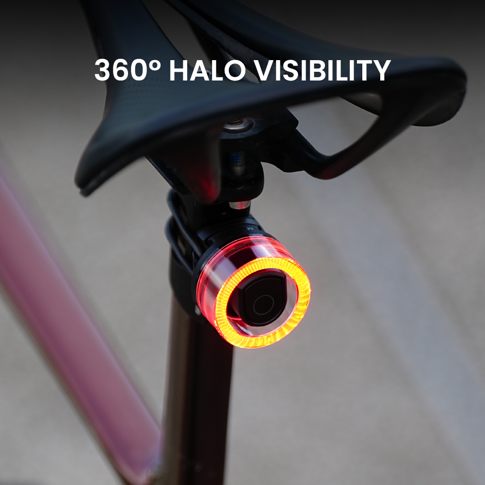 Magicshine VIVEE 50 HALO na sedlovke bicykla, prstenec svieti načerveno po celom obvode – grafika výrobcu 360 stupňov