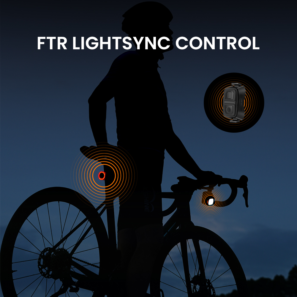 Grafika výrobcu Magicshine: diaľkový ovládač FTR LightSync riadi predné aj zadné svetlo VIVEE 50 na cestnom bicykli