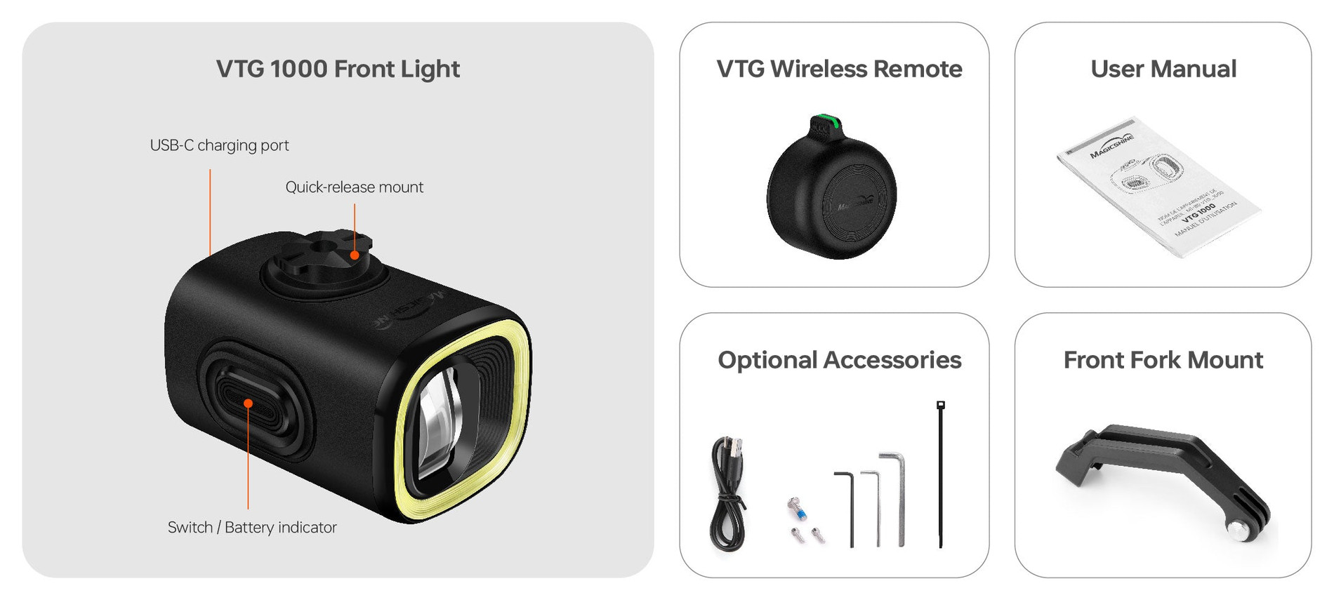 Obsah balenia Magicshine VTG 1000 — svetlo, bezdrôtový ovládač, návod, kábel USB-C, skrutky, imbusy a vidlicový držiak