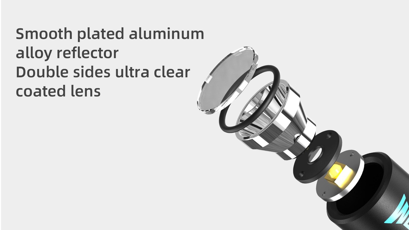 Rozložená hlava Wuben E19 – sklo, O-krúžok, leštený reflektor a dióda