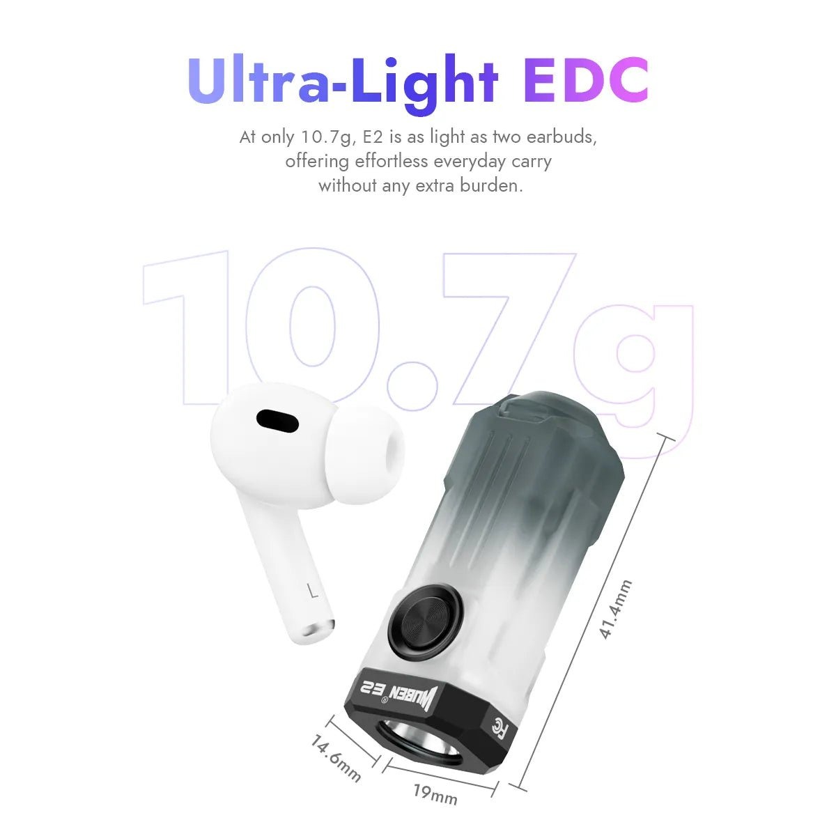 Wuben E2 Pulse vedľa bezdrôtového slúchadla, kóty 19, 14,6 a 41,4 mm a údaj výrobcu 10,7 g
