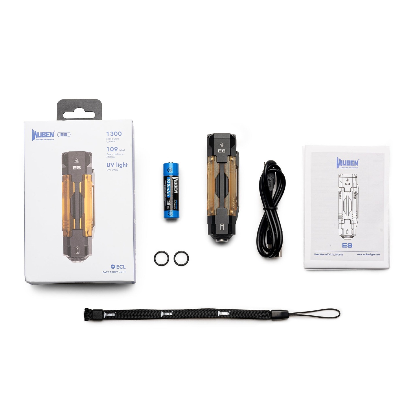 Obsah balenia Wuben E8 – baterka, článok 920 mAh, kábel, šnúrka, manuál a O-krúžky