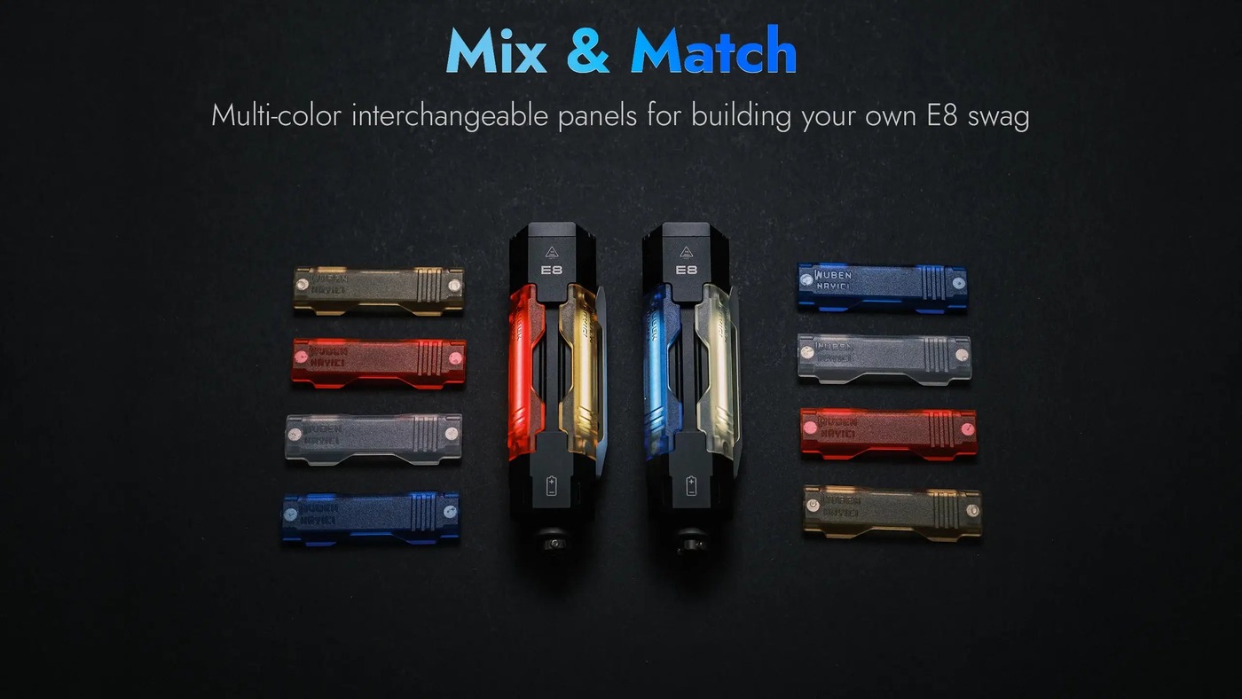 Wuben E8 panely Mix & Match – infografika výrobcu: bezfarebný a modrý panel na jednom tele, vedľa panely štyroch farieb