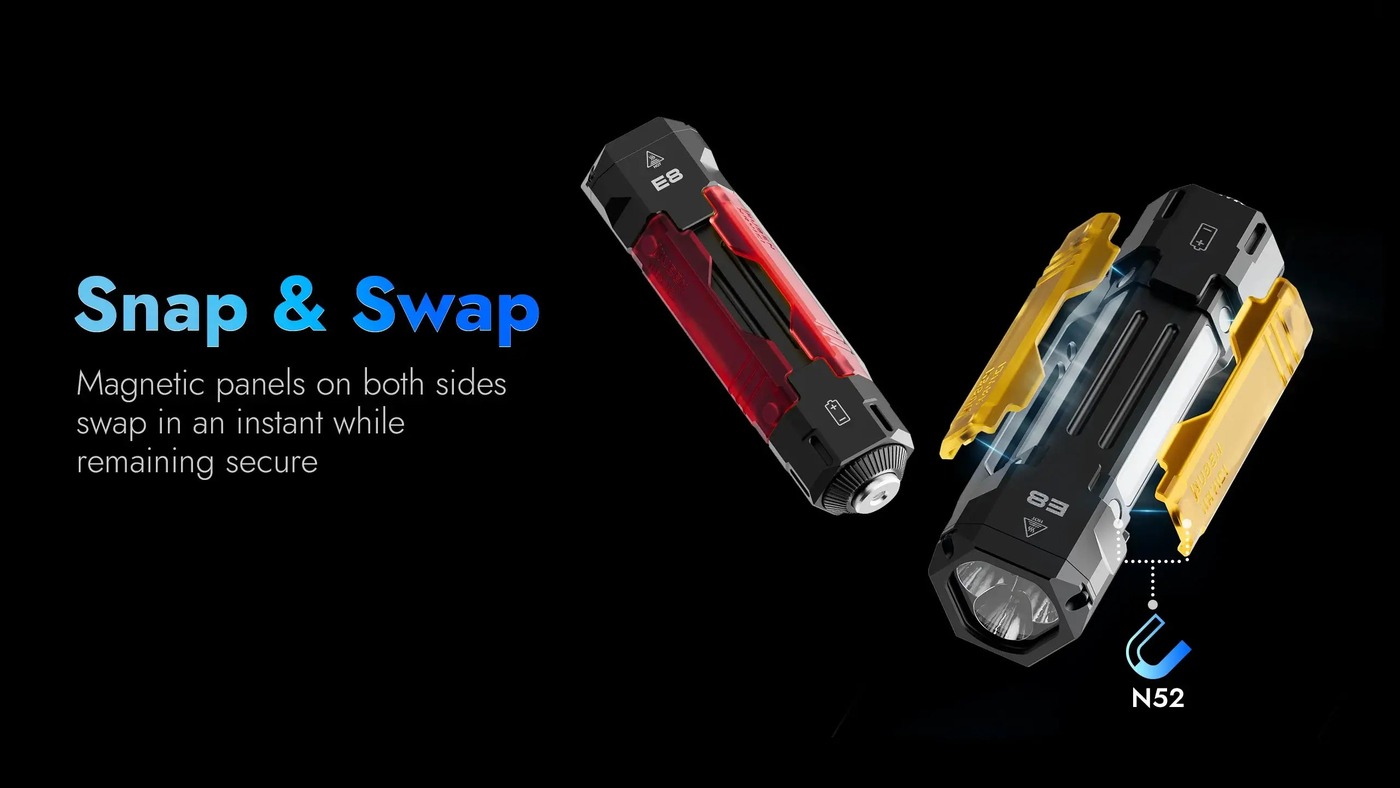 Wuben E8 Snap & Swap – infografika výrobcu: horná E8 s panelmi Pink, dolná s odtrhnutými jantárovými panelmi a magnetom N52
