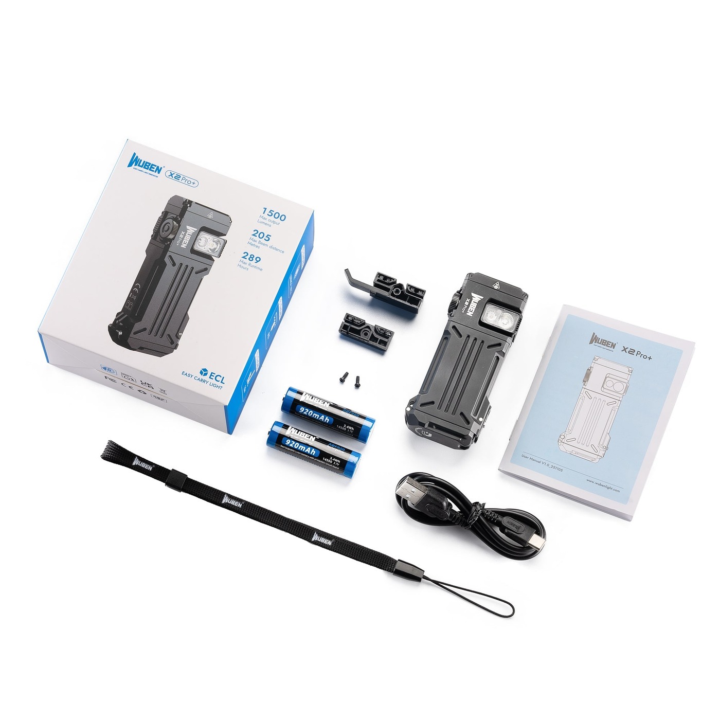 Obsah balenia Wuben X2 Pro+ – krabica, baterka, dva články 920 mAh, adaptér na prilbu, šnúrka, kábel a manuál