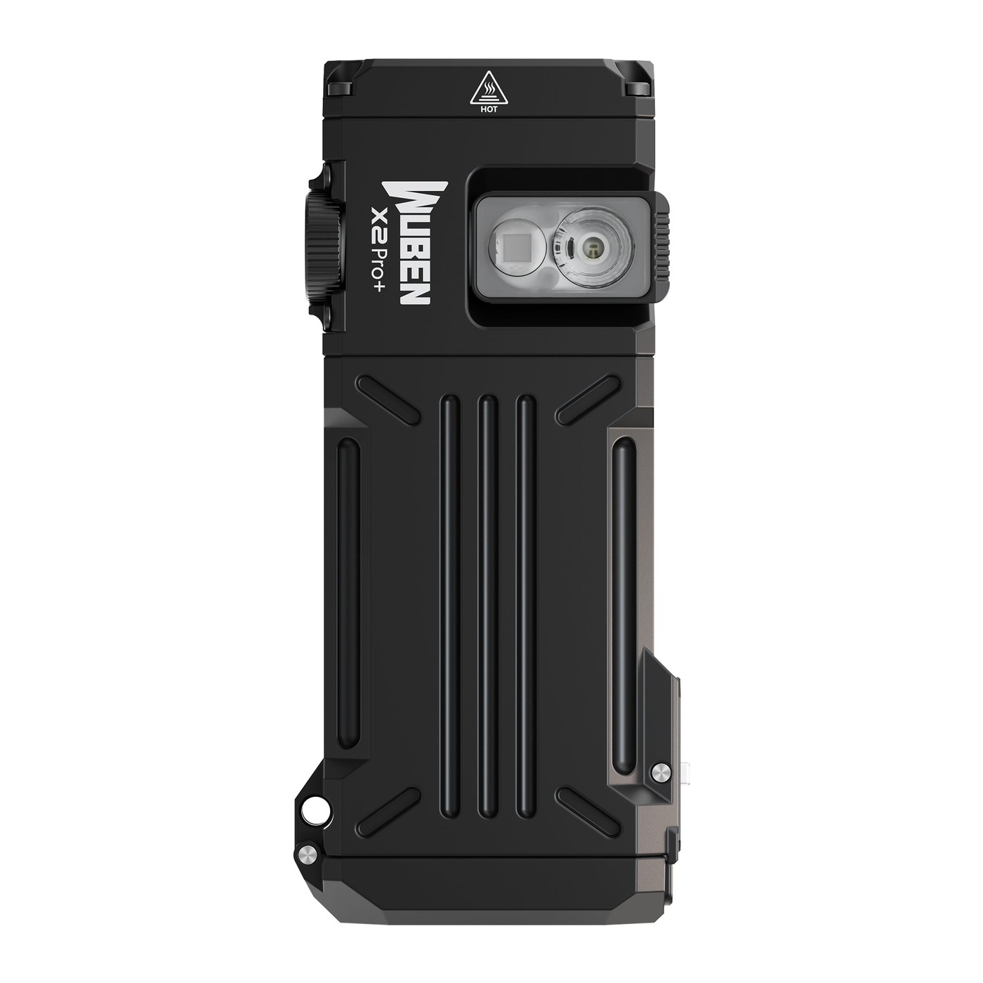 Wuben X2 Pro+ zhora – okienko s optikou bieleho a červeného bočného svetla, gombík a symbol HOT