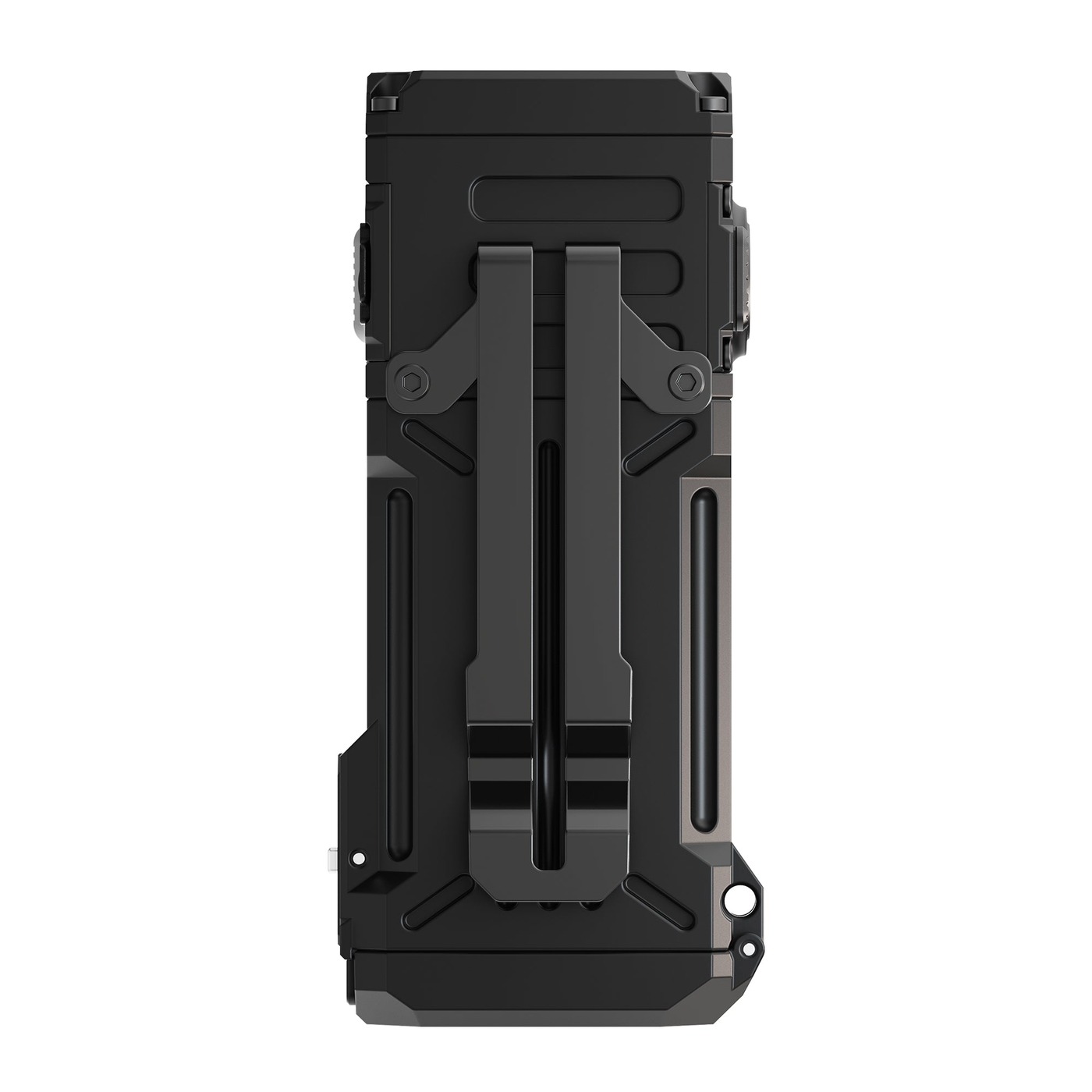 Wuben X2 Pro+ čierna EDC baterka zozadu – široký dvojitý klip pripevnený dvoma skrutkami a rebrované telo