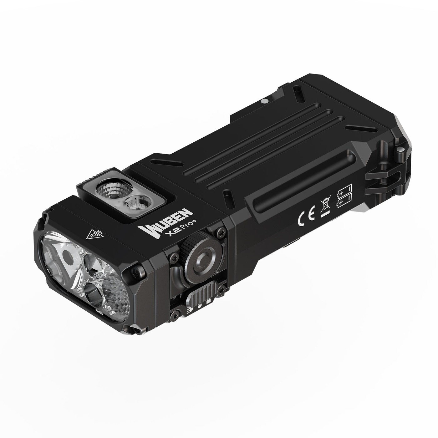 Wuben X2 Pro+ čierna EDC baterka so symbolom HOT na hlave, značkou CE a symbolom dvoch článkov na boku