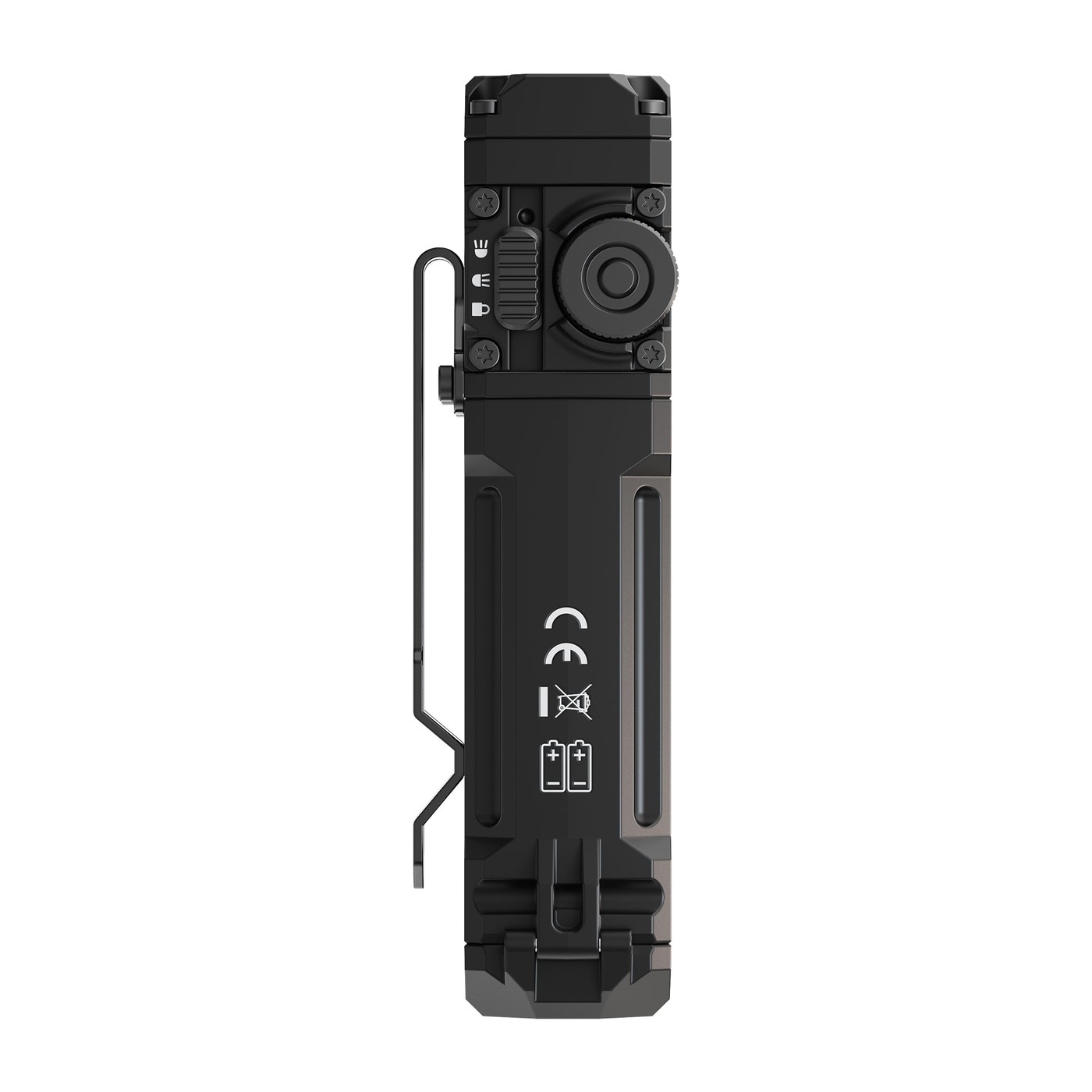 Wuben X2 Pro+ bok s ovládaním – posuvný volič s ikonami hlavného svetla, bočného svetla a zámku a otočný gombík