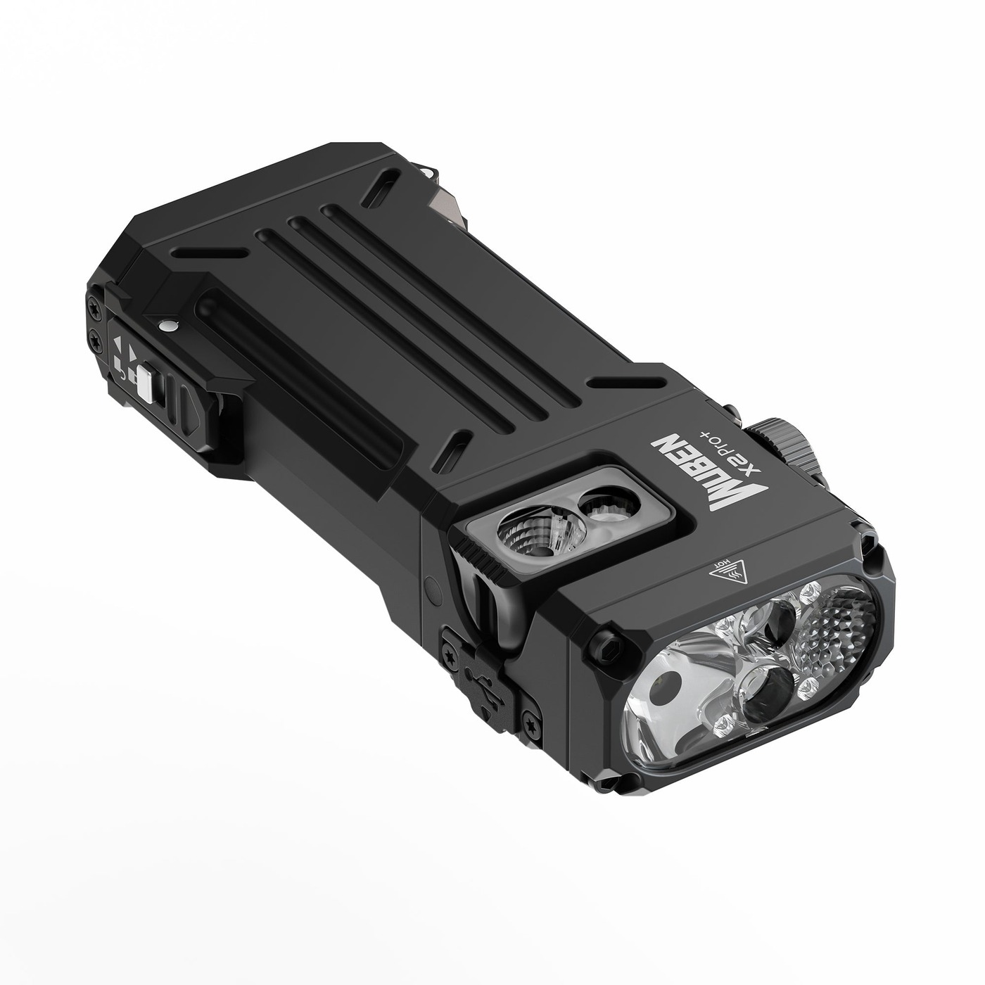 Wuben X2 Pro+ spredu šikmo – hranaté telo, optika hlavného svetla, okienko bočného svetla a gombík