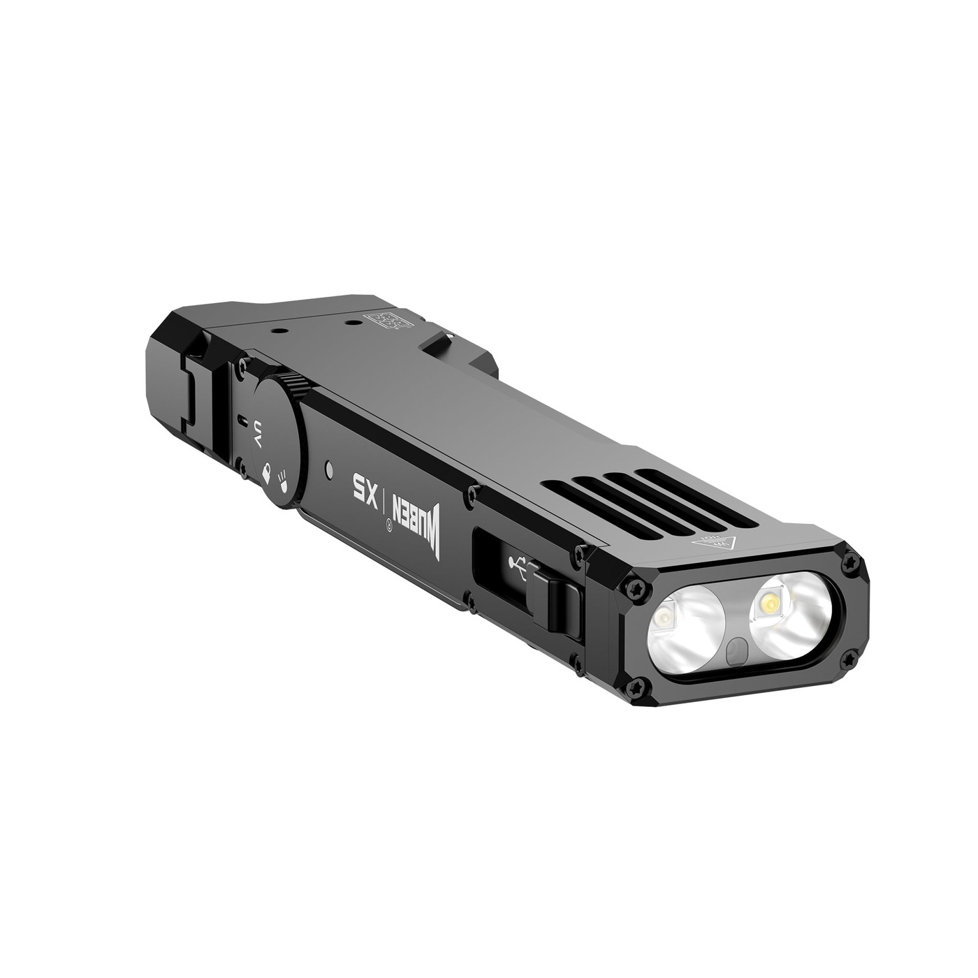 Čelo Wuben X5 – dve reflektorové komory s bielou a UV diódou a okienko lasera medzi nimi