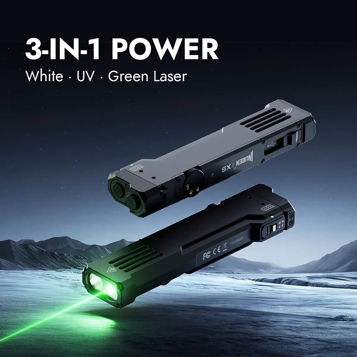 Wuben X5 tri v jednom – biele svetlo, UV a zelený laser, spodný kus svieti bielou a zeleným lúčom